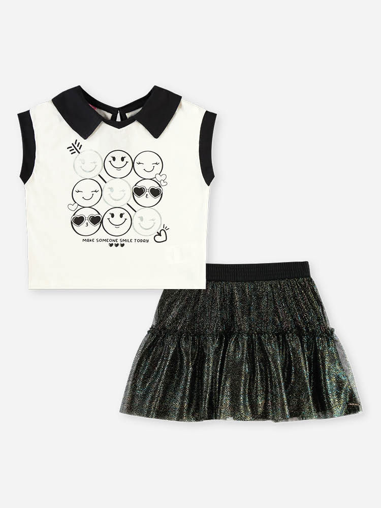 Conjunto Infantil Blusa Boxy Emojis e Saia-Short com Tule Foil