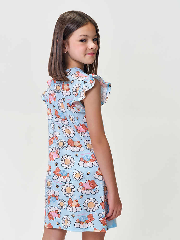 Camisola Infantil Menina Azul com Ursinha em Malha Suede