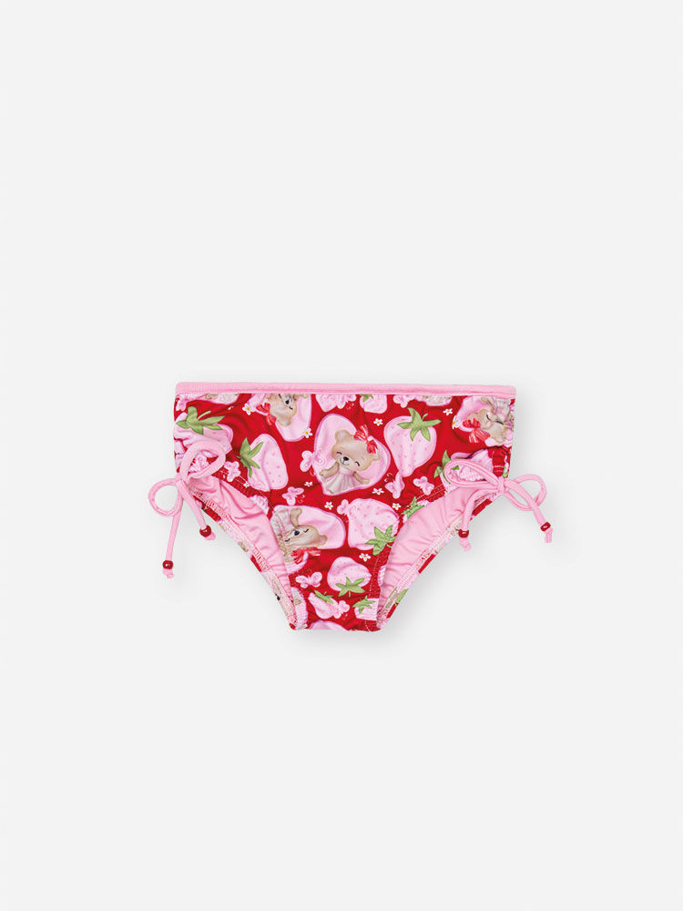 Biquíni Infantil em Malha UV com Estampa de Ursinha e Morangos – Moda Praia Menina Verão com Miçanga ROSA IOGURTE