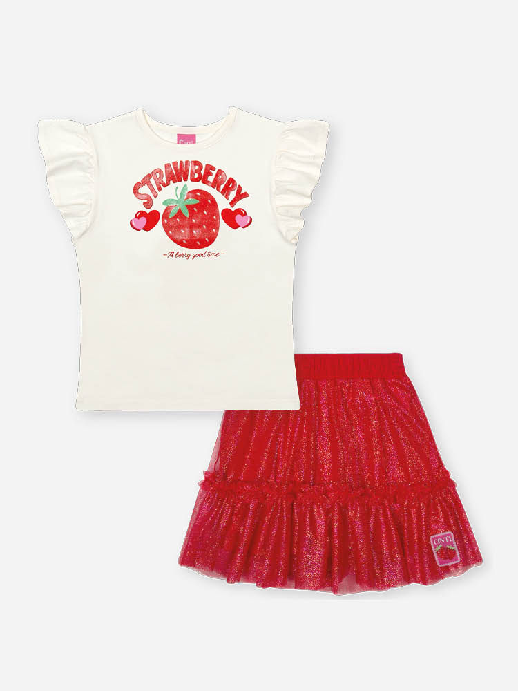 Conjunto Infantil com Blusa em Cotton e Saia Shorts com Tule Foil – Look Menina Verão com Morango e NATURAL/VM MARTE