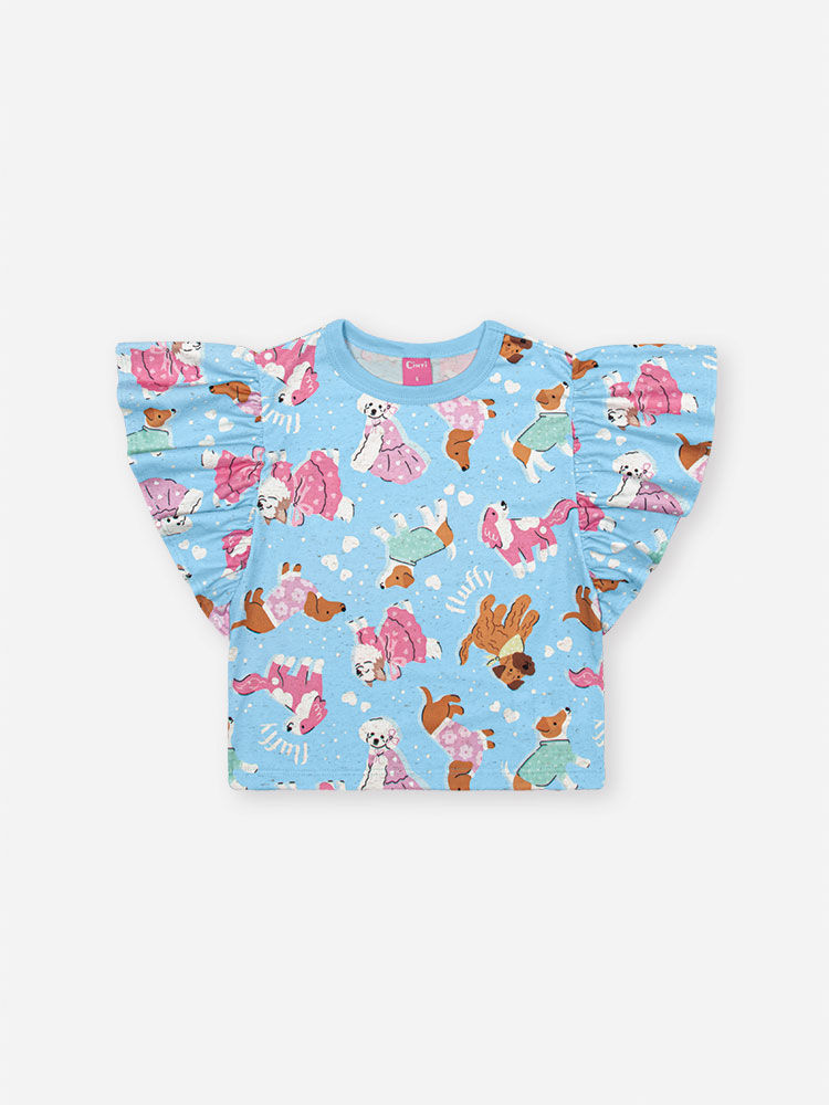 Conjunto Infantil com Blusa e Shorts em Cotton Linho – Look Menina Verão Azul com Estampa de Cachorr AZUL PORCELANA