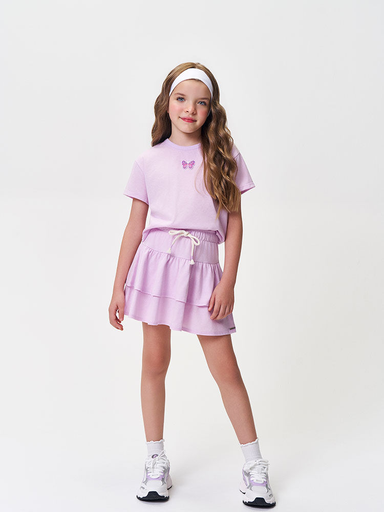 Conjunto Infantil Menina Blusa Boxy e Saia-Short com Babados Lilás