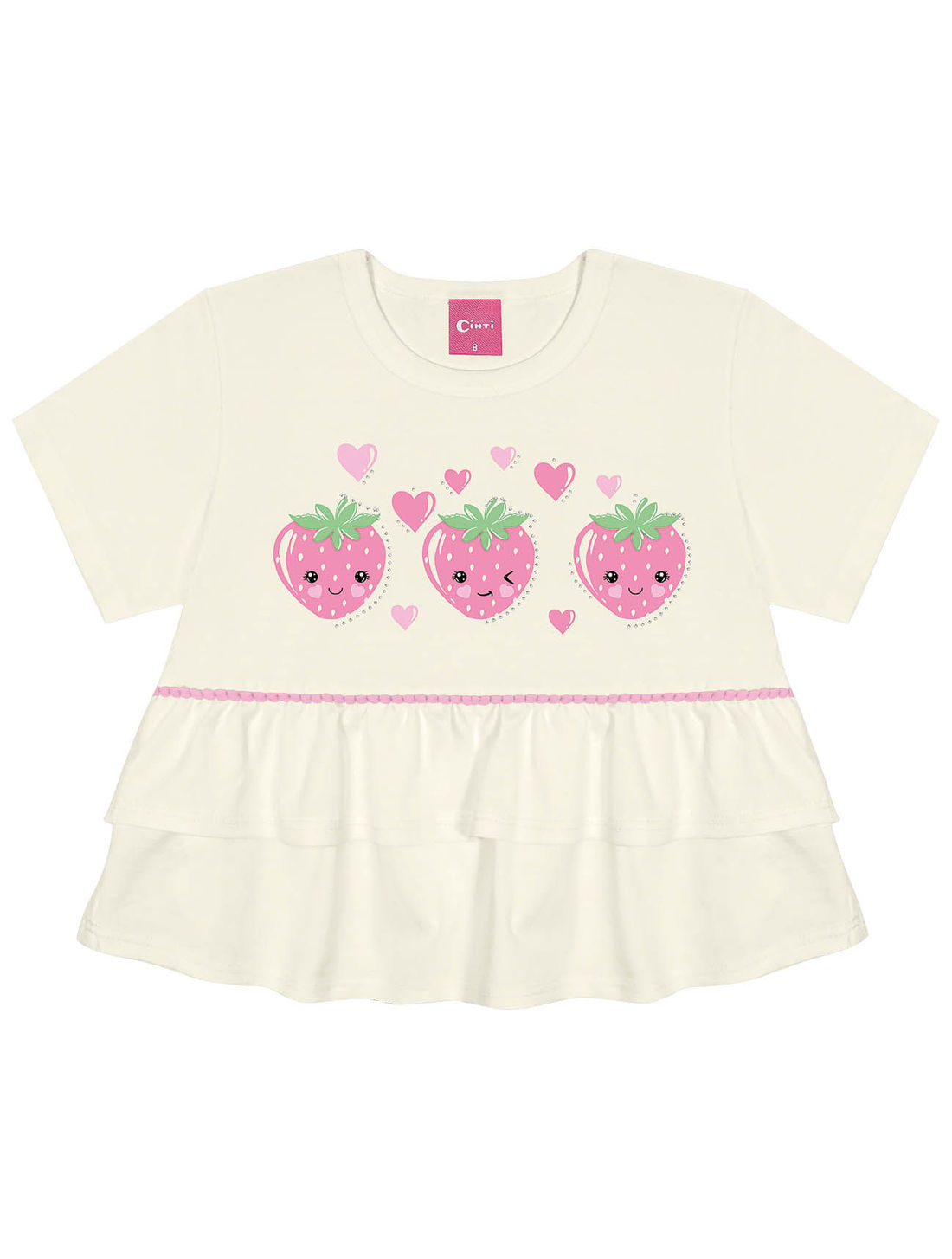 Conjunto Infantil Menina Blusa E Short Strawberry Natural E Rosa Cinti
