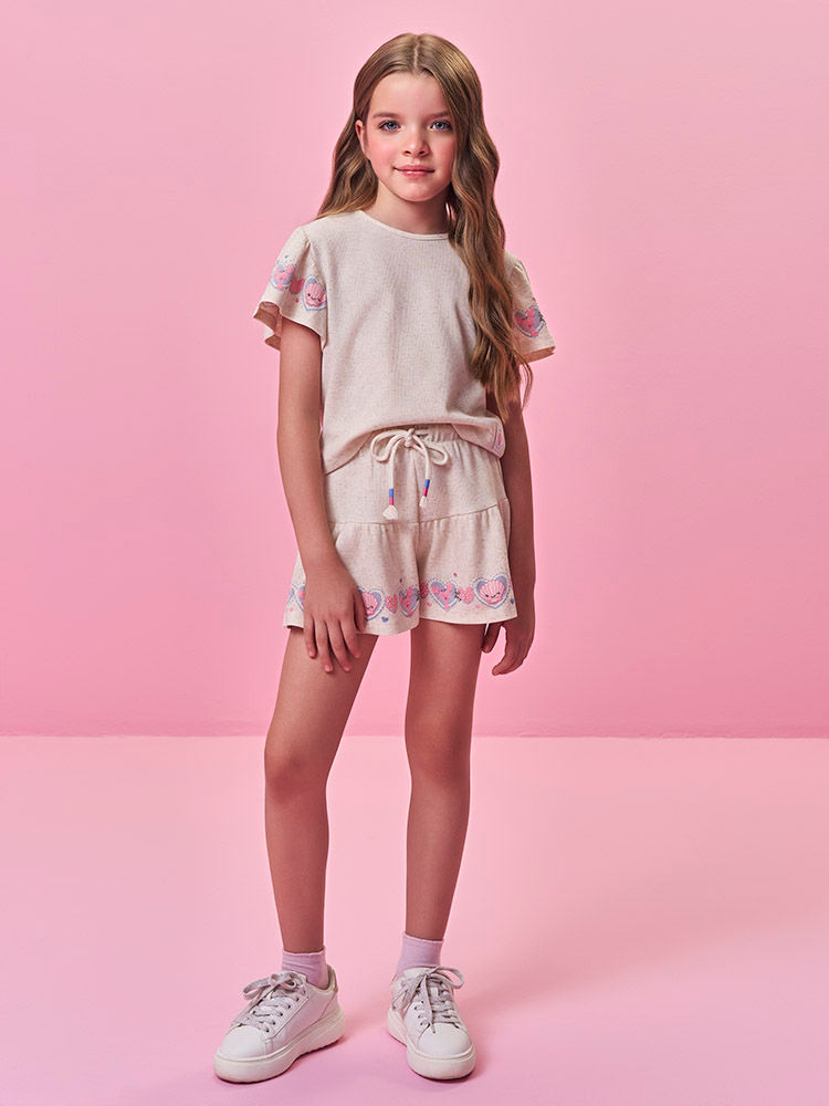Conjunto Infantil Menina Blusa Boxy e Short Estampa Conchas com Strass