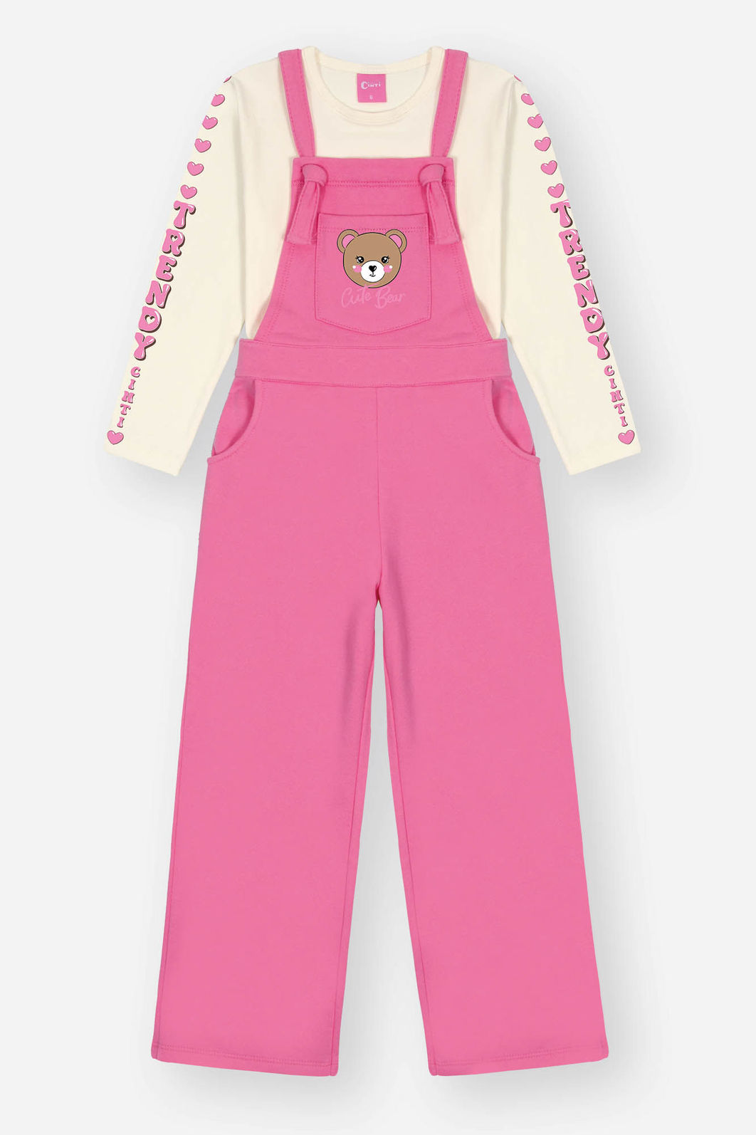 Conjunto Infantil Menina Blusa Trendy E Jardineira Rosa Mundo Cinti