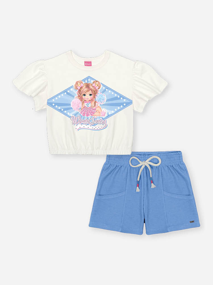 Conjunto Infantil Cheerleader com Shorts em Moletinho Waffle – Conjunto Menina Cinti NATURAL/AZ PROVENCE