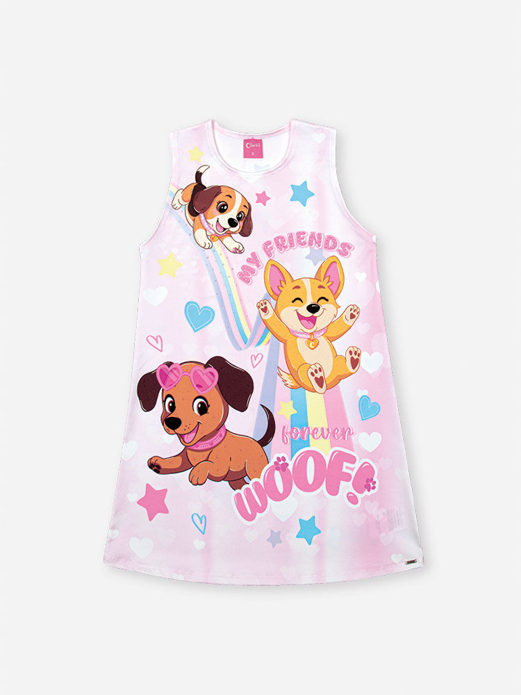 Vestido Infantil em Suplex com Estampa de Cachorrinhos – Vestido Menina Verão Rosa com Strass ROSA CONFETE