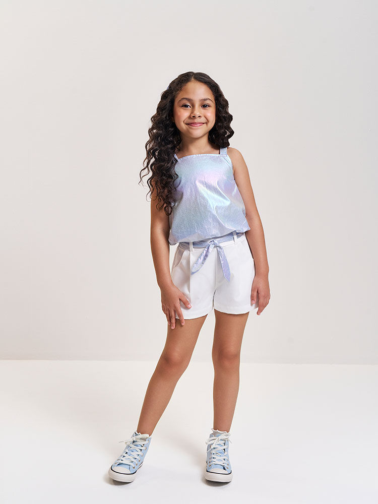 Conjunto Infantil com Regata Balonê Holográfica e Shorts em Cetim Glow AZ PROVENCE/BRANCO