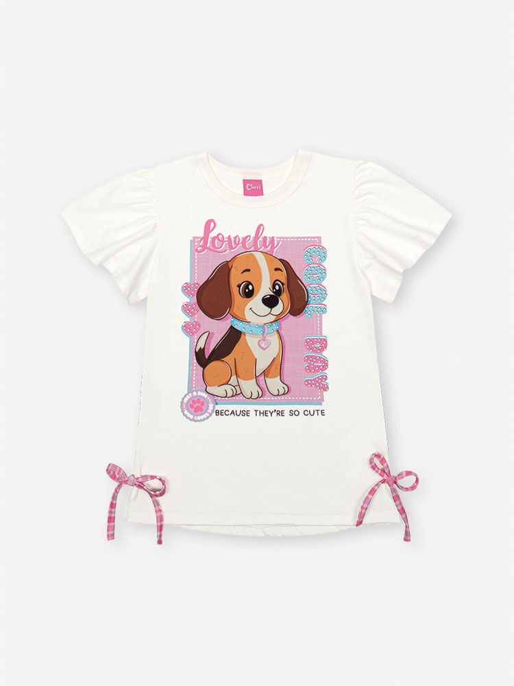 Conjunto Infantil com Blusa e Ciclista em Suplex – Look Menina Verão com Cachorrinho NATURAL/RS CONFETE