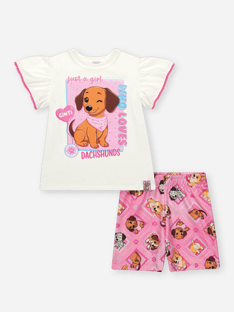 Conjunto Bebê Menina Cachorrinha Dachshund e Bermuda Ciclista – Look Confortável Cinti Baby NATURAL/RS CONFETE