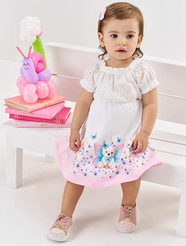 VESTIDO OFF WHITE/ROSA CINTI