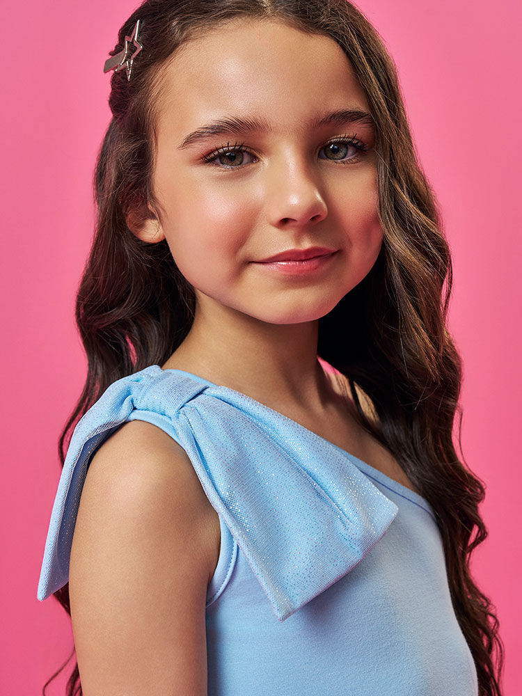 Vestido Infantil em Cotton com Tule Foil – Vestido Menina Verão de Um Ombro Só AZUL PORCELANA