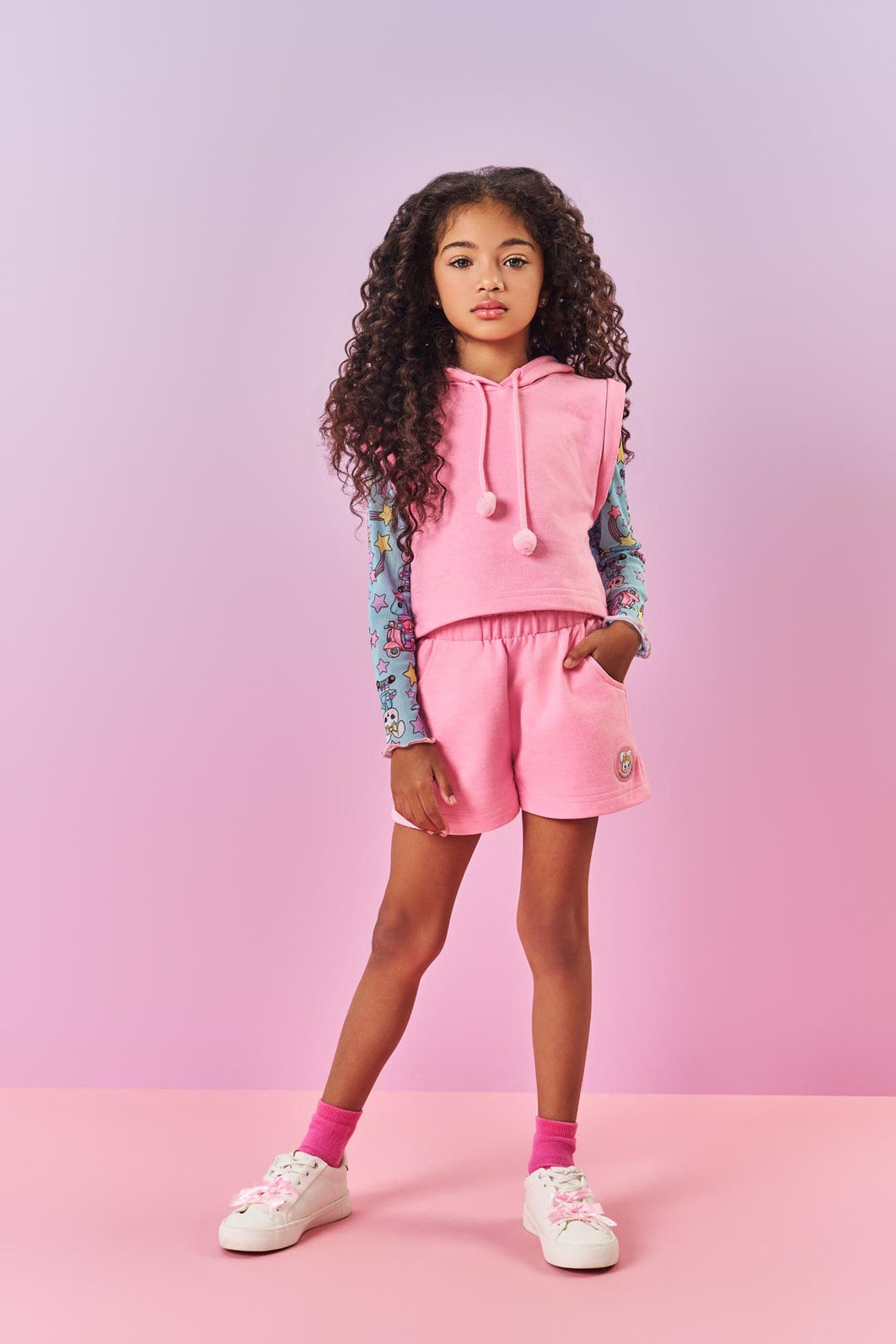 Conjunto Infantil Menina Blusa Dino; Short E Colete Rosa Mundo Cinti