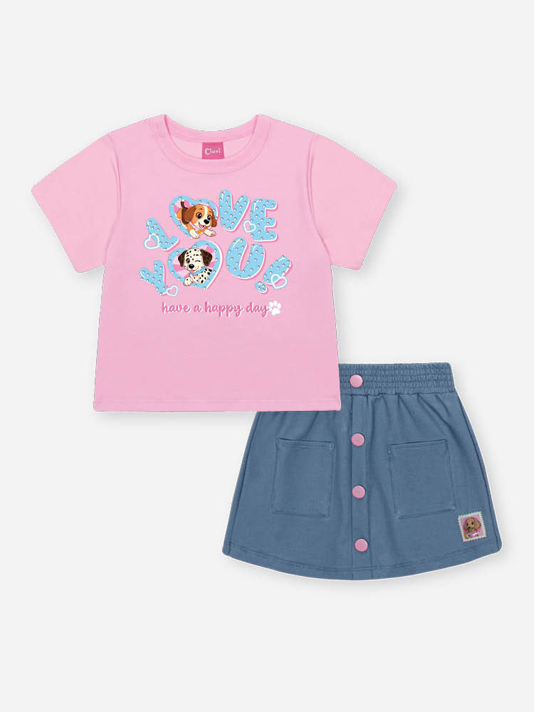 Conjunto Infantil com Blusa e Shorts Saia em Molecotton Denim – Look Menina Verão com Strass RS IOGURTE/AZ JEANS M