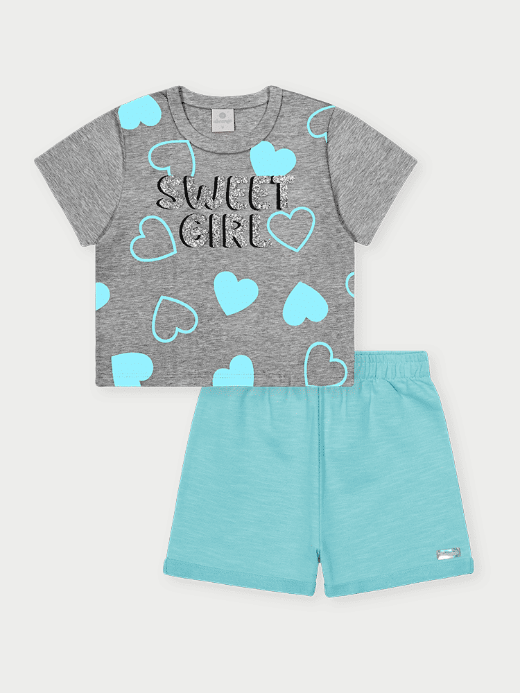 Conjunto Infantil Menina Corações Sweet Girl Azul Abrange