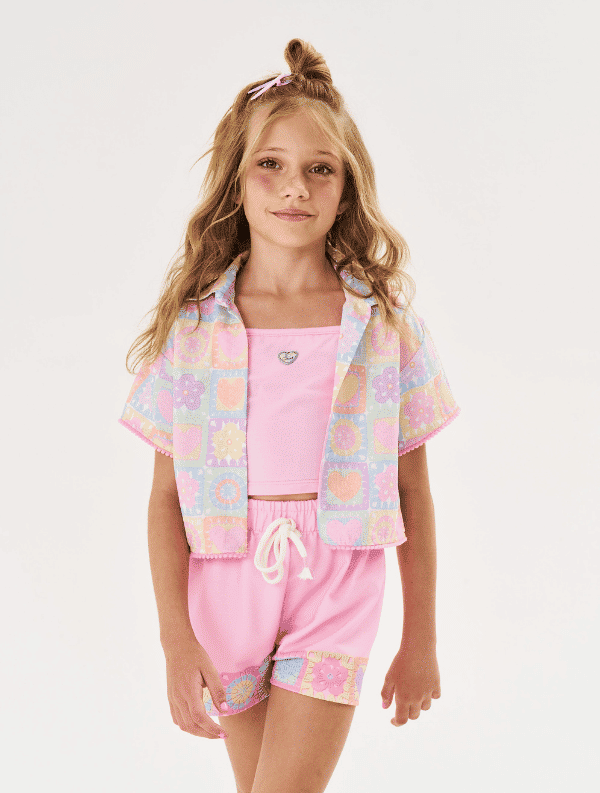 Conjunto Infantil Menina Blusa Cropped, Short E Camisa Total Print Rosa Cinti