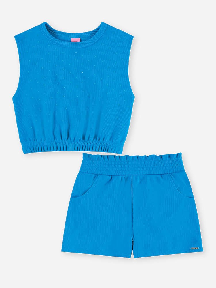 Conjunto Infantil Menina Cropped Recorte Coração e Short com Strass