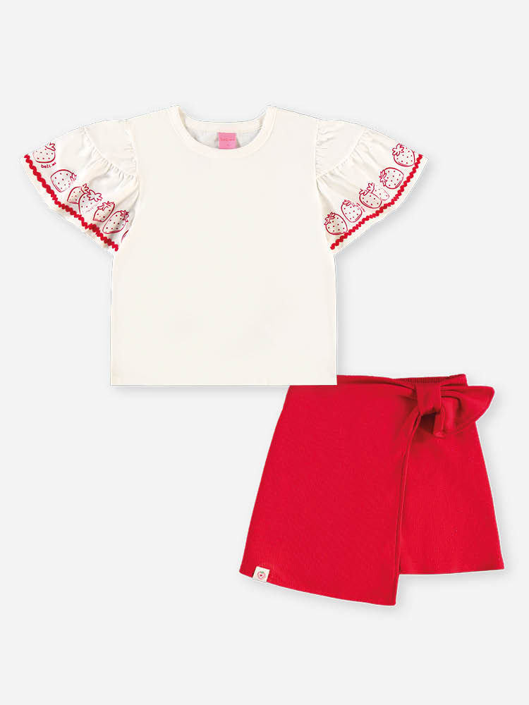 Conjunto Infantil Menina Blusa Morangos e Short-Saia com Glitter