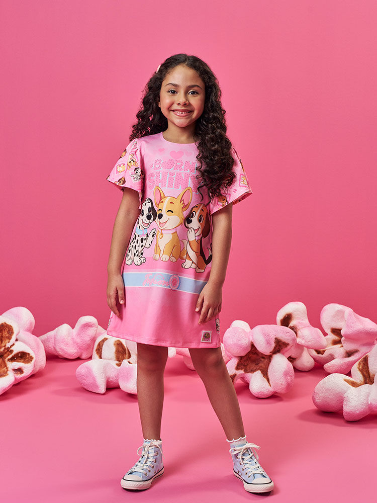 Vestido Infantil em Suplex com Estampa de Cachorrinhos – Vestido Menina Verão Rosa com Strass ROSA IOGURTE