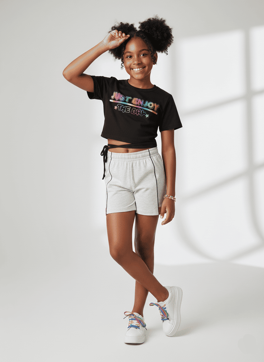CONJ BLUSA E SHORTS PRETO/MESCLA MEDIO