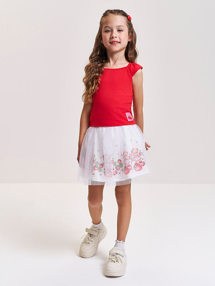 Conjunto Infantil Cropped com Babados e Saia-Short de Tule Ursa Conjunto Infantil Cropped com Babados e Saia-Short de Tule Ursa