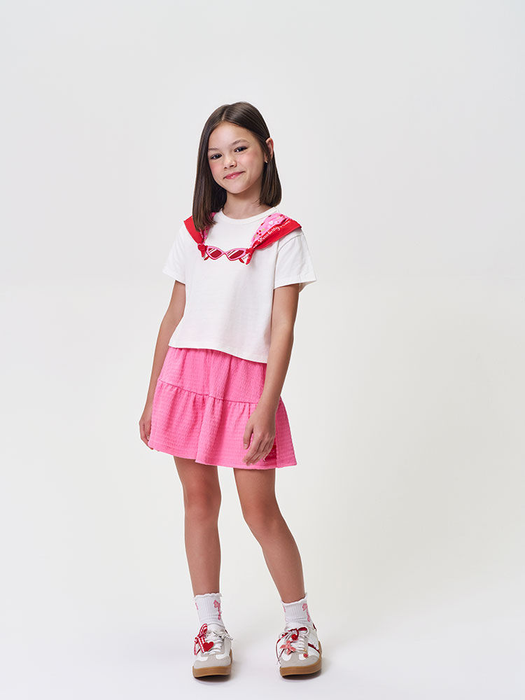 Conjunto Infantil Menina Blusa Boxy Óculos e Saia-Short com Bandana