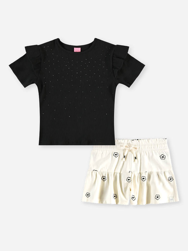 Conjunto Infantil Jardim de Luz com Blusa Strass e Short Floral
