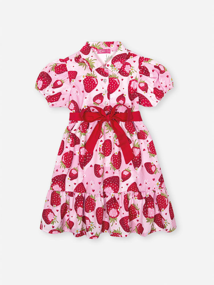 Vestido Infantil em Tricoline com Elastano Estampa de Morangos – Vestido Menina Verão com Laço ROSA IOGURTE