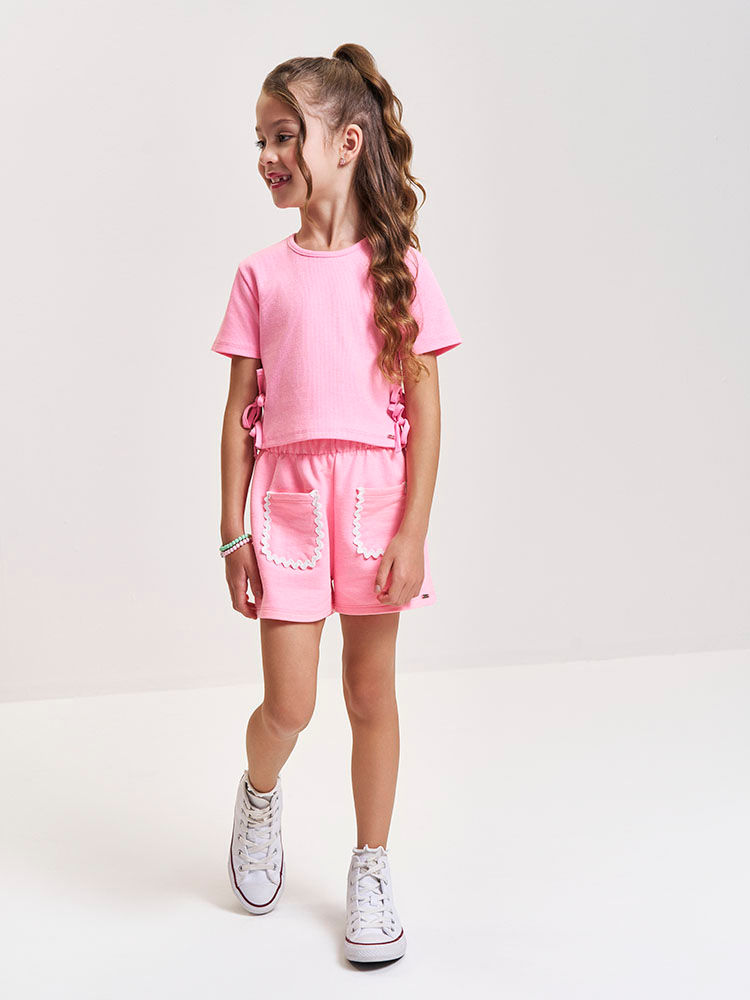 Shorts Infantil em Moletom P.A Neon Love – Short Menina Verão com Bolsos e Sianinha ROSA BARBIE