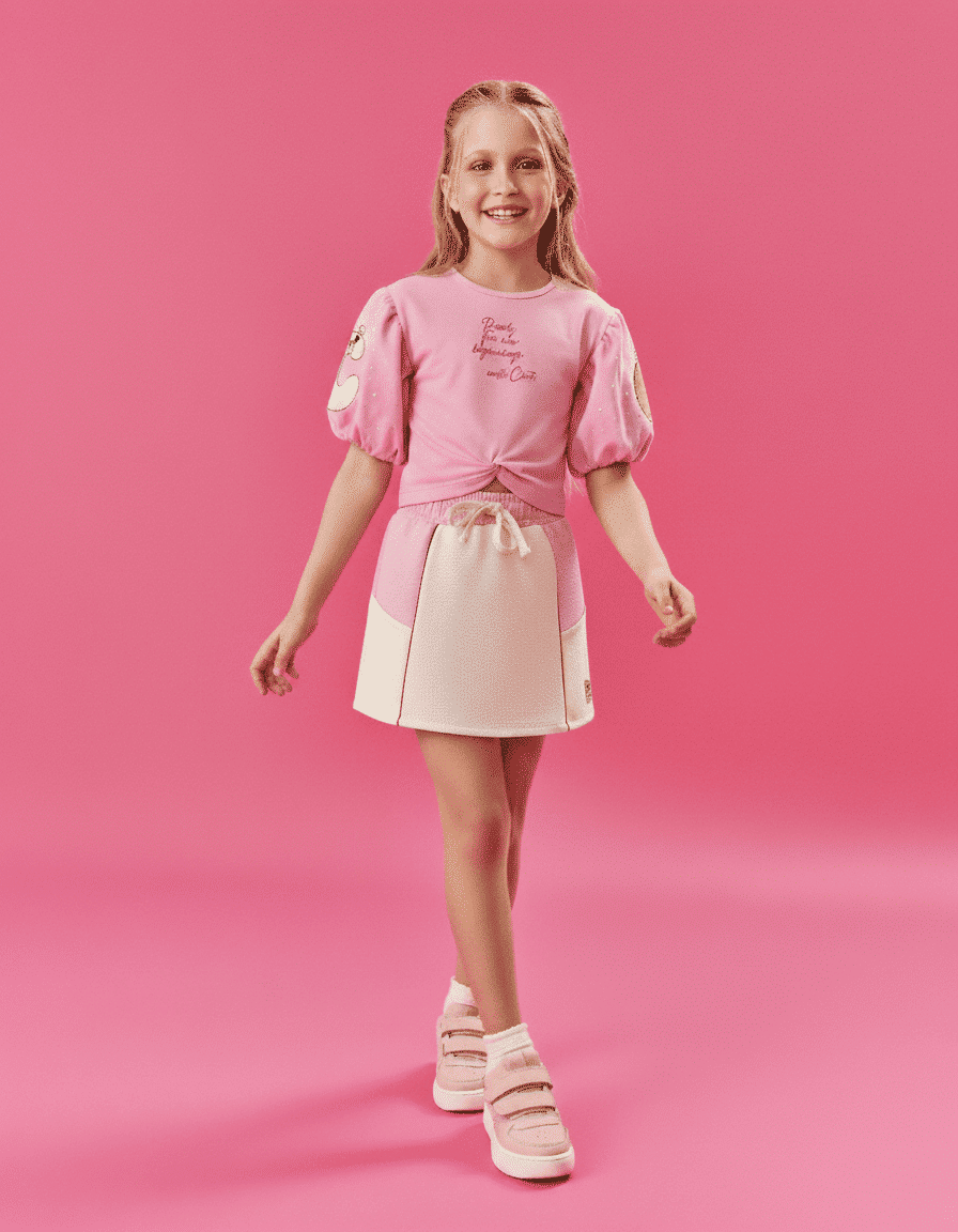 Conjunto Infantil Menina Blusa Cropped E Short-Saia Rosa E Natural Cinti