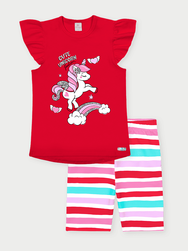 Conjunto Infantil Menina Unicórnio Listrado Vermelho Abrange