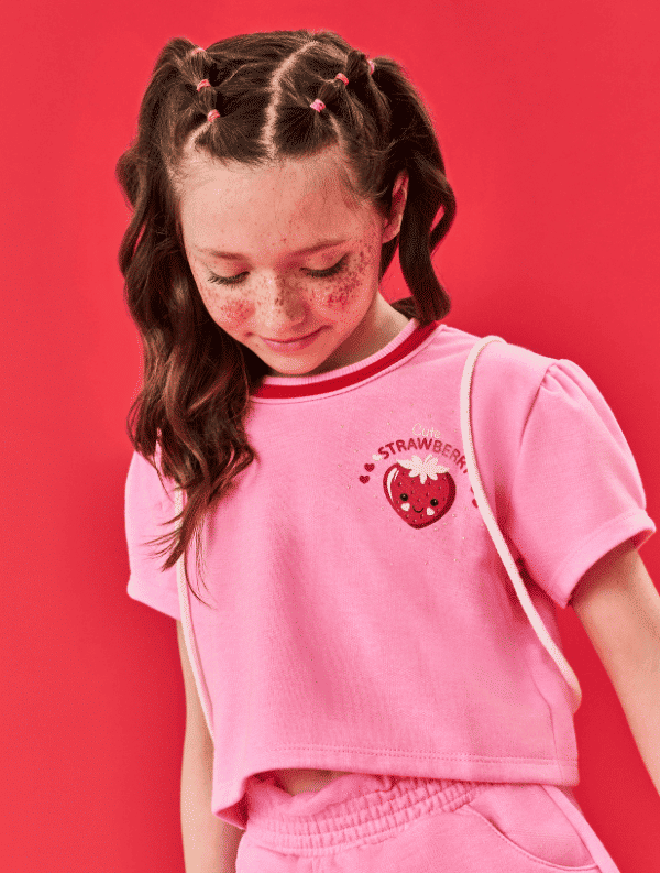 Conjunto Infantil Menina Blusa; Short E Mochila Strawberry Rosa E Vermelho Cinti