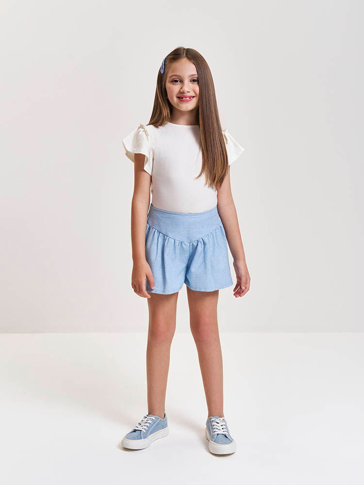 Conjunto Infantil com Blusa em Cotton e Shorts em Sarja Glow – Look Menina Verão com Strass NATURAL/AZ PORCELANA