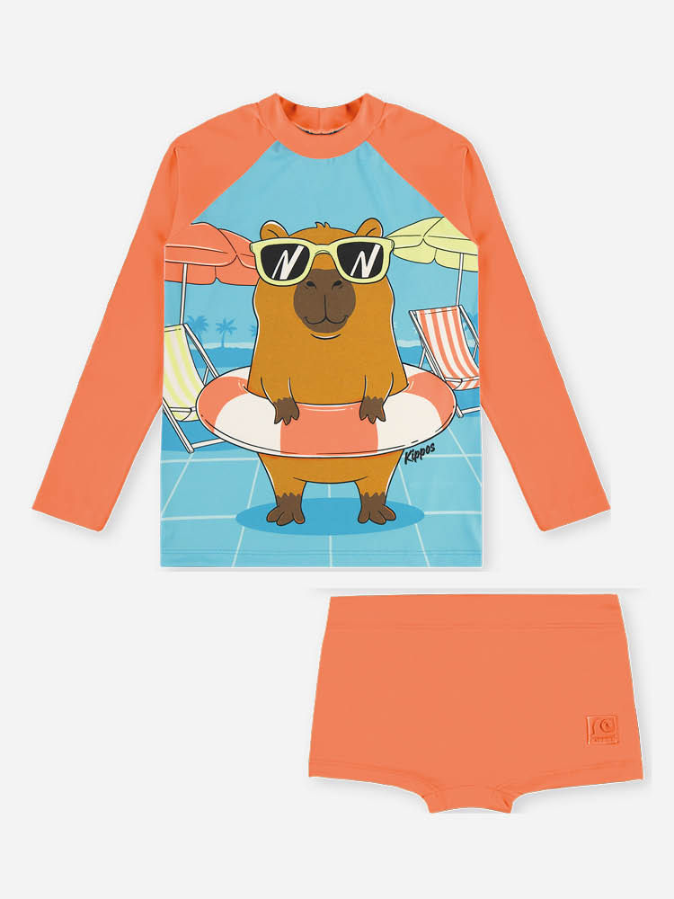 Conjunto Menino em Malha UV Camiseta e Sunga Capivara Laranja Neon
