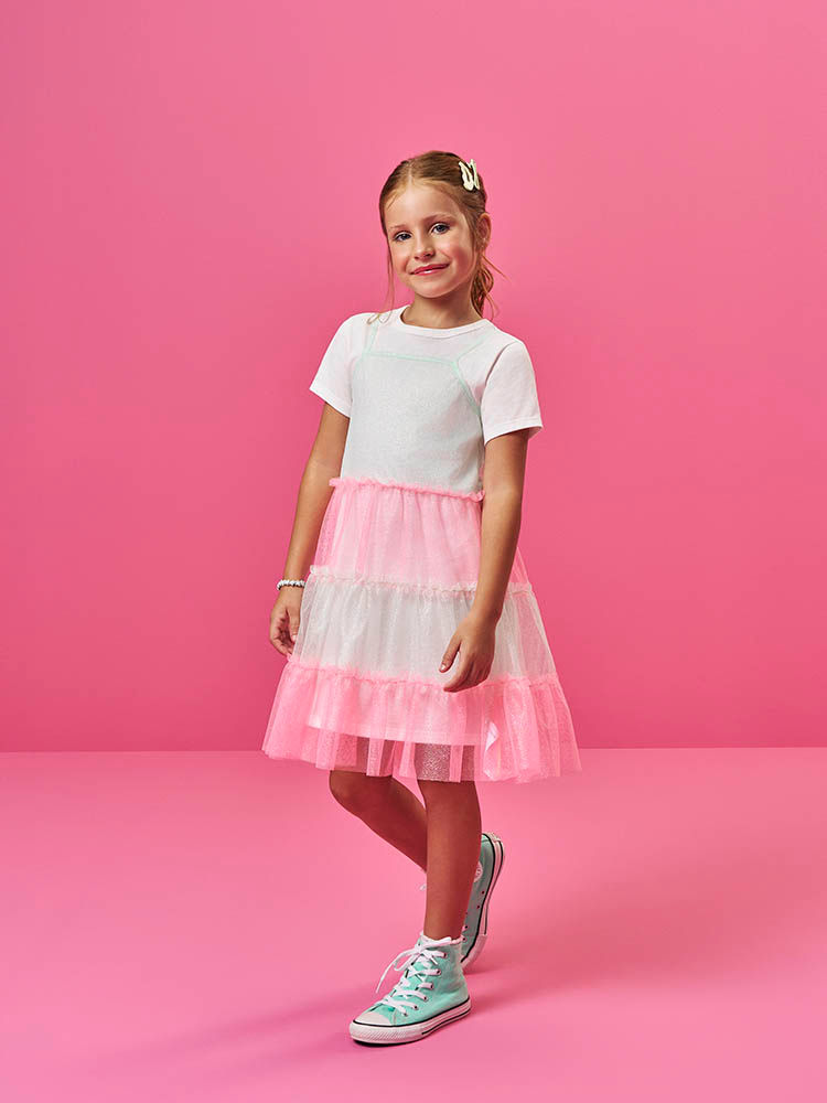 Vestido Infantil Neon Love em Meia Malha com Tule Foil – Vestido Menina Verão Colorido com Sobreposi NATURAL/RS BARBIE/VD BRISA