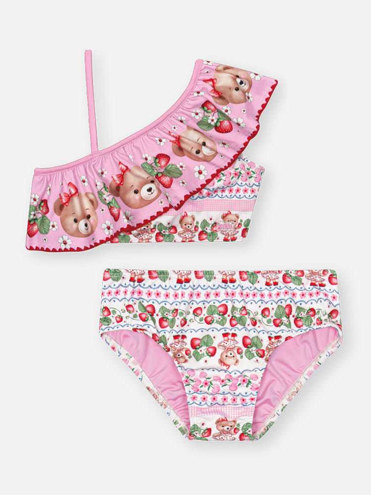 Biquíni Infantil em Malha UV com Estampa de Ursinha e Morangos – Moda Praia Menina Rosa Iogurte ROSA IOGURTE