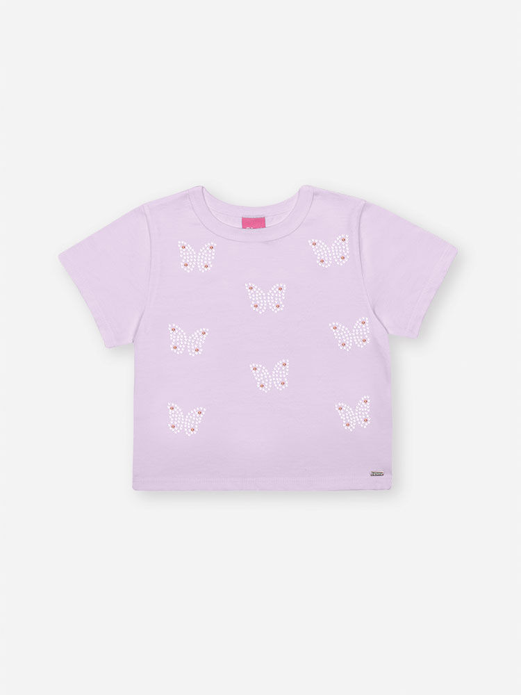 Blusa Infantil Boxy com Borboletas e Strass – Camiseta Menina em Meia Malha Verão LILAS BRUMA