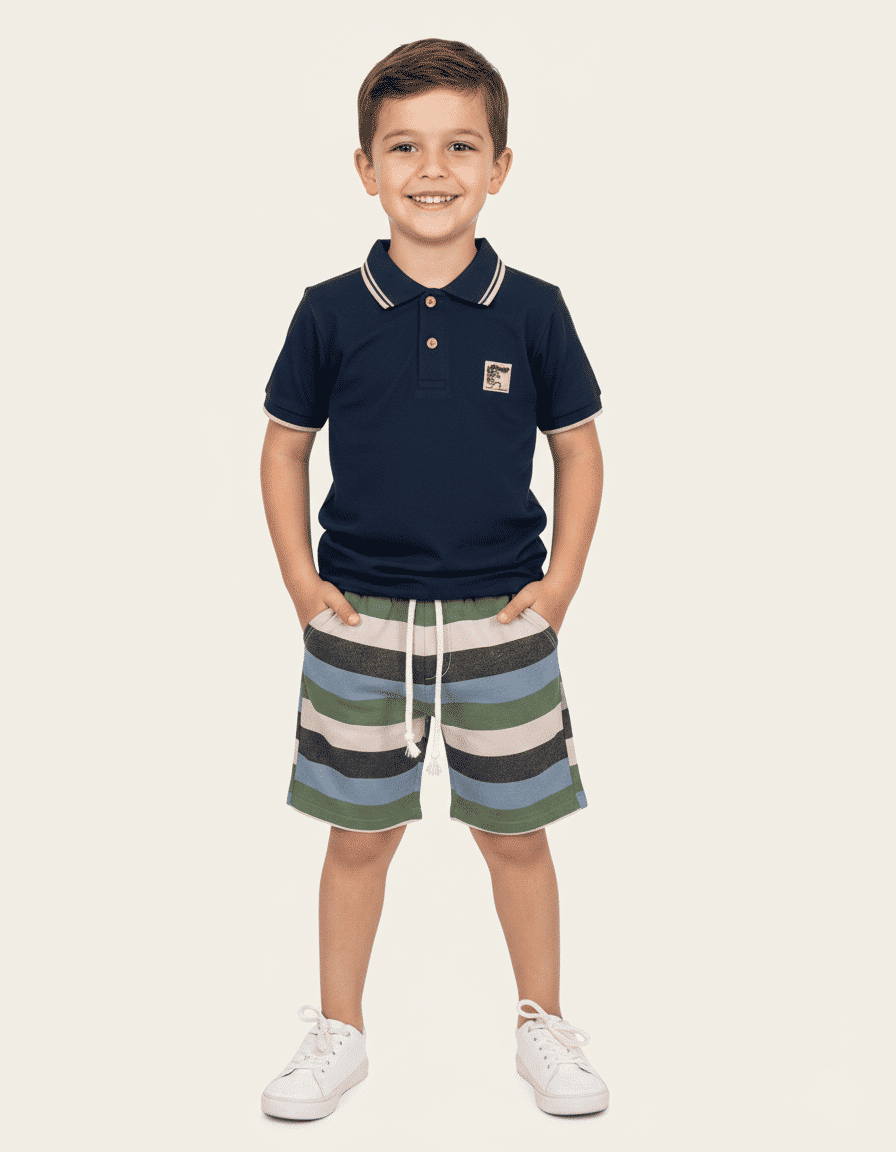 Conjunto Camisa Polo E Bermuda Listrada Azul Marinho Abrange