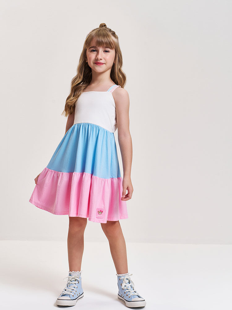 Vestido Infantil em Meia Malha – Vestido Menina Verão Color Block NATURAL/AZ PORCELANA/RS IOGURTE