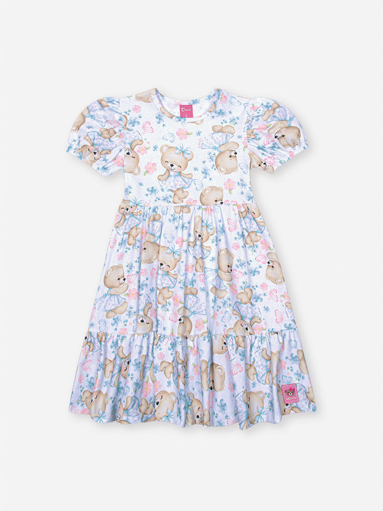 Vestido Infantil em New Stretch com Estampa de Ursinhas – Vestido Menina Verão Azul Porcelana AZUL PORCELANA