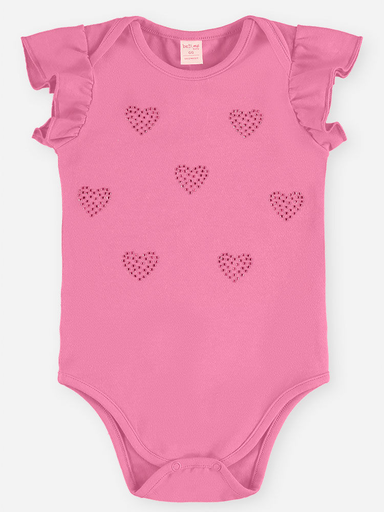 Body Infantil Bebê com Corações de Strass e Babados Rosa Body Infantil Bebê com Corações de Strass e Babados Rosa