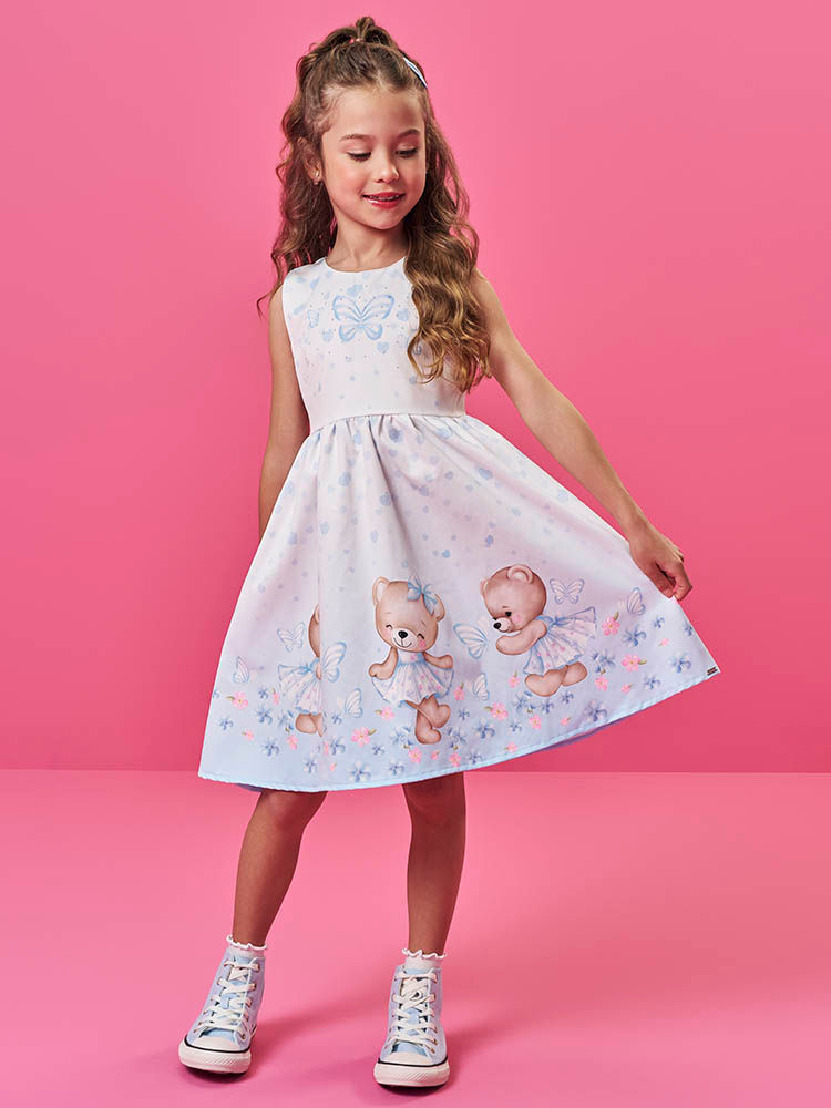 Vestido Infantil em Cetim Glow com Estampa de Ursinhas – Vestido Menina Verão com Strass AZUL PORCELANA
