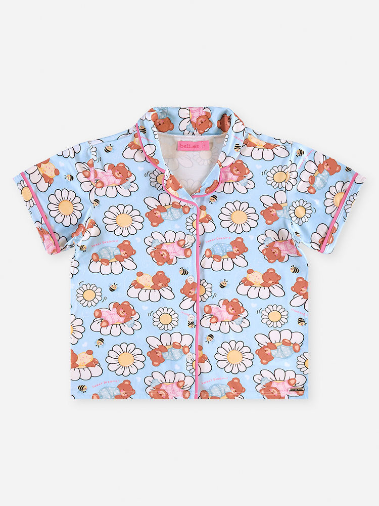 Conjunto Infantil Menina Pijama Ursinhas e Flores em Malha Suede