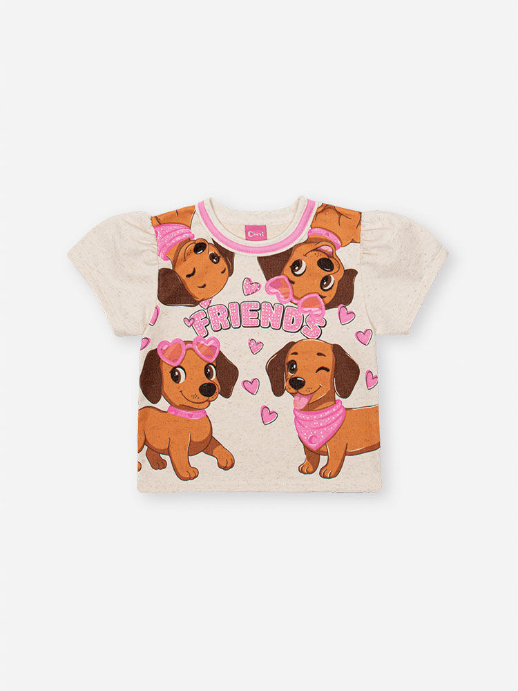 Conjunto Infantil com Blusa Boxy e Shorts com Bolsa – Look Menina Verão com Cachorrinhos OFF WHITE