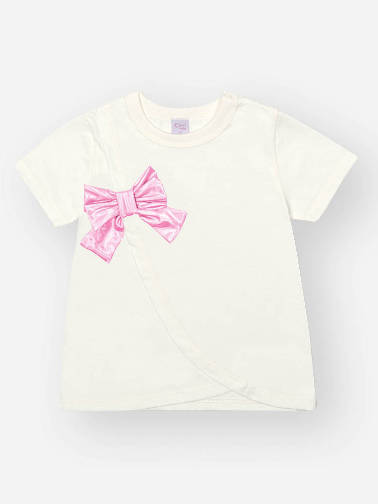 Conjunto Infantil de Blusa Laço em Meia Malha com Ciclista Metalizada NATURAL/ROSA