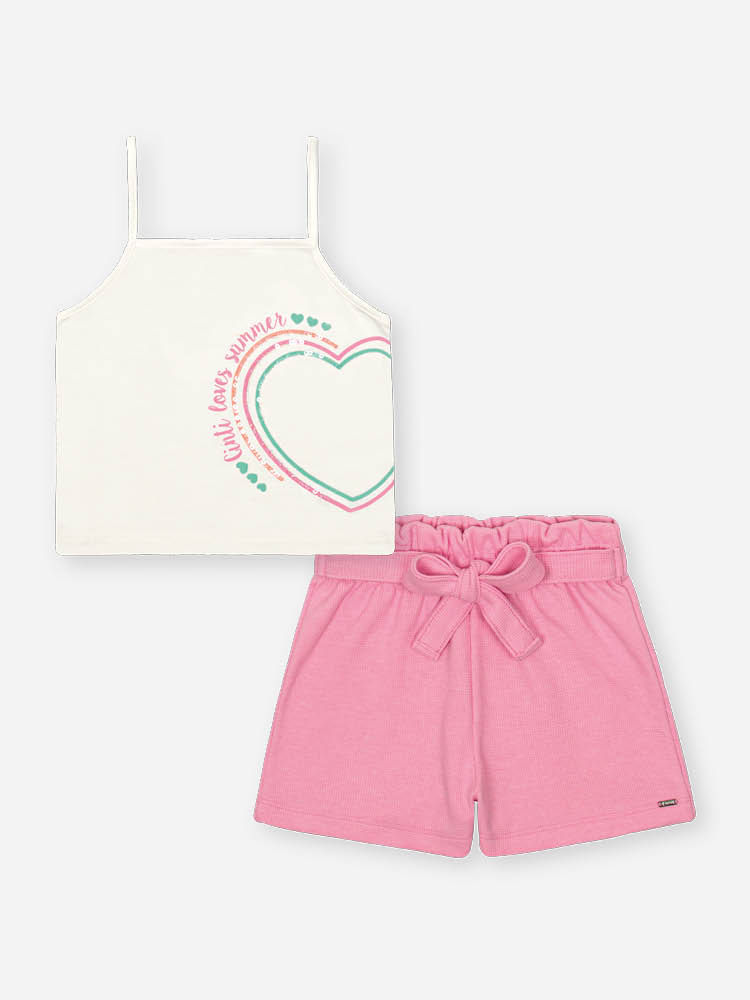Conjunto Infantil Neon Love com Regata Cropped em Cotton e Shorts em Moletinho Waffle – Look Menina NATURAL/RS BARBIE