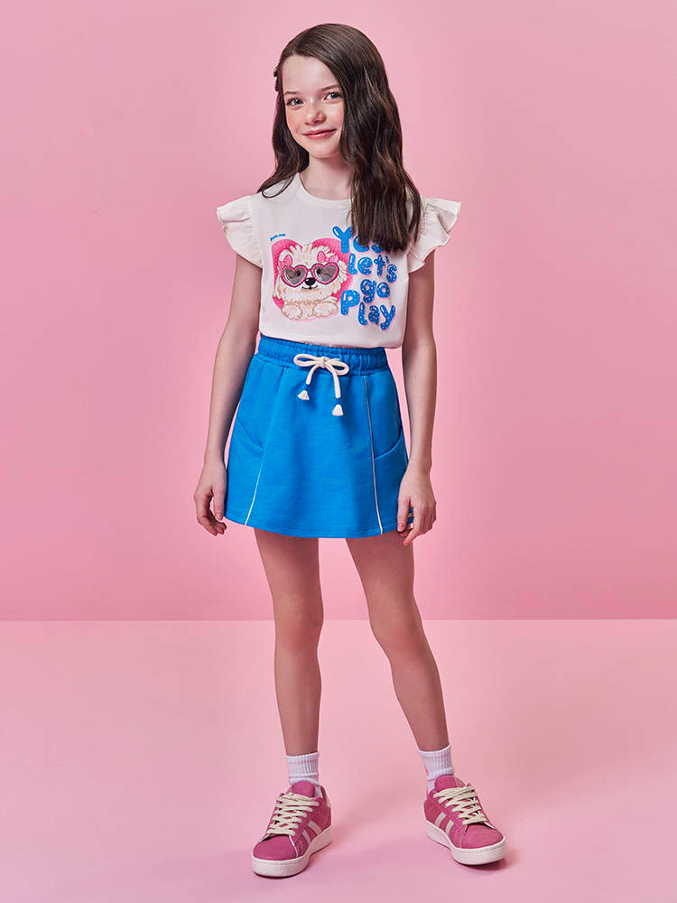 Conjunto Infantil Menina Blusa Boxy Shih Tzu e Short-Saia com Strass