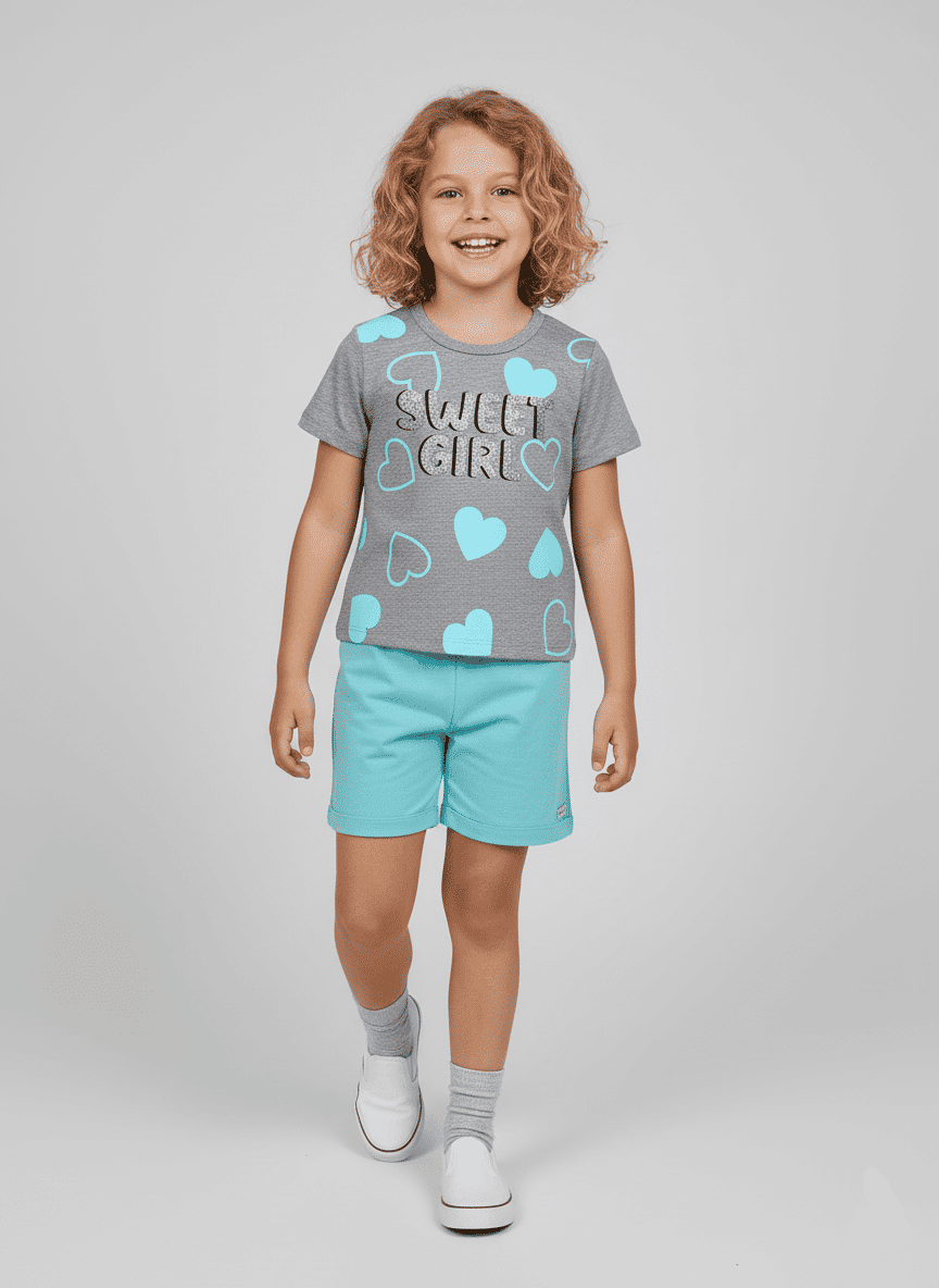 Conjunto Infantil Menina Corações Sweet Girl Azul Abrange