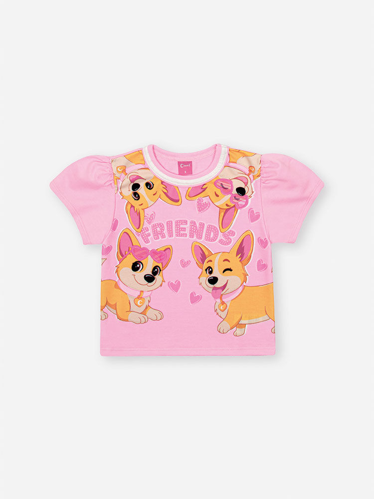 Conjunto Infantil com Blusa Boxy e Shorts com Bolsa – Look Menina Verão com Cachorrinhos ROSA IOGURTE