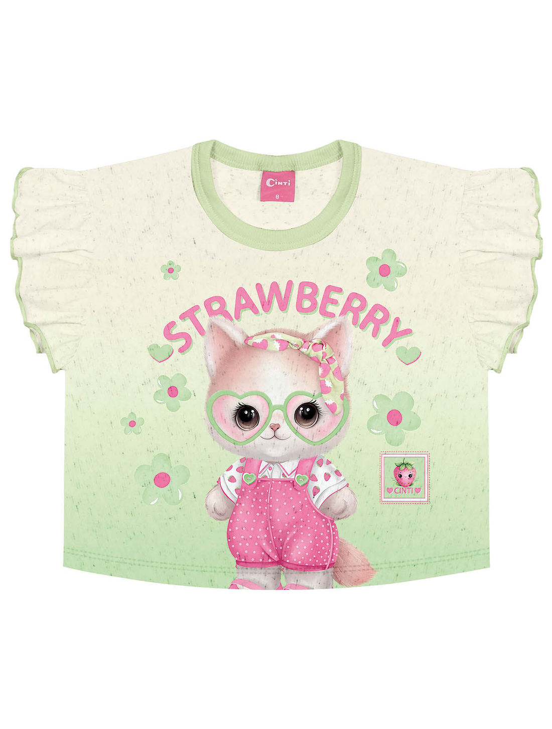 Conjunto Infantil Menina Blusa Cropped E Shorts-Saia Strawberry Off White E Verde Cinti